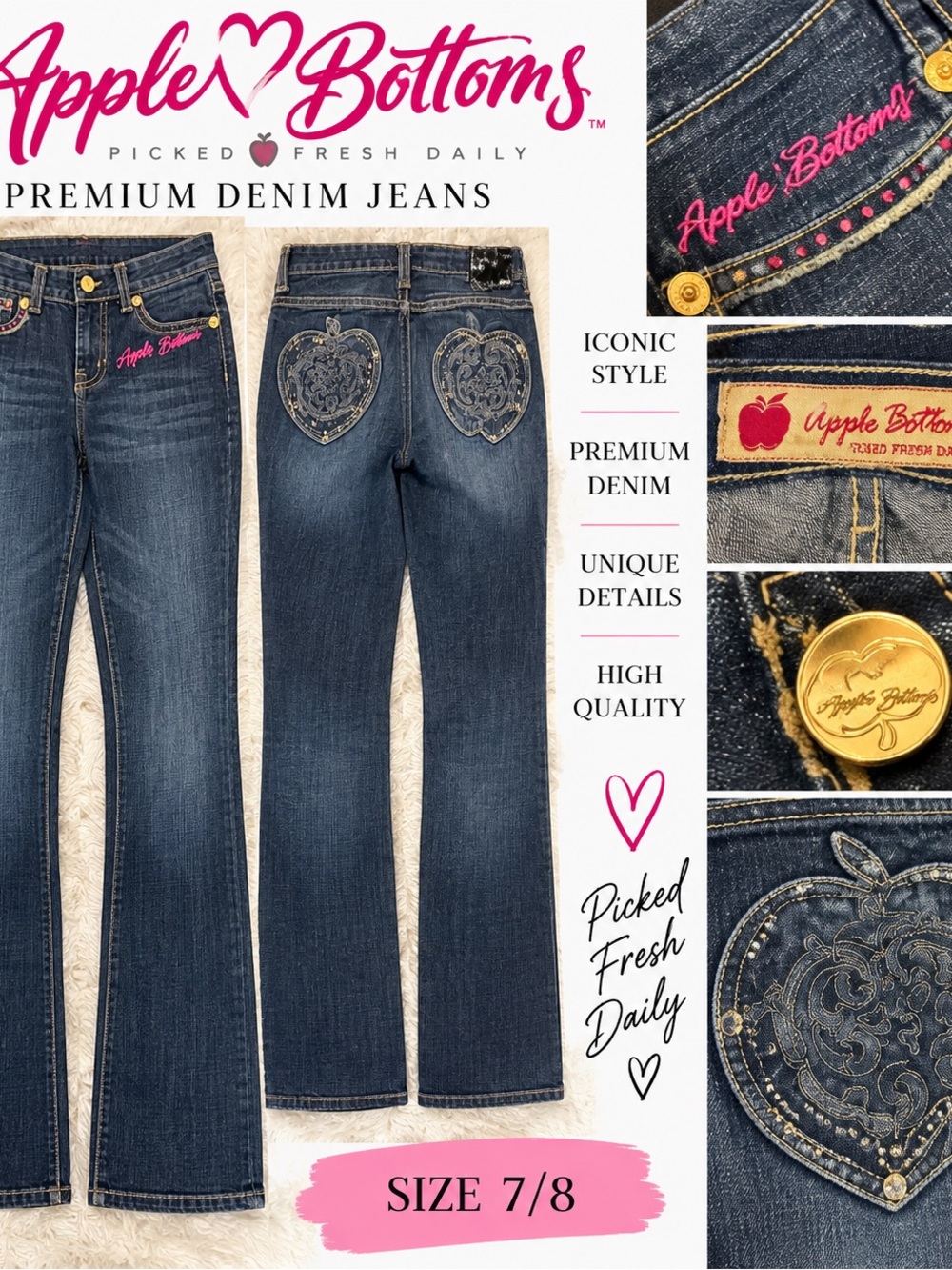 Apple Bottoms Dark Blue Denim Flare Jeans with Embroidered Heart Pockets